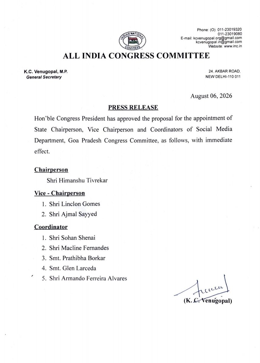 INCSandesh's tweet photo. Hon'ble Congress President has approved the proposal for the appointment of State Chairperson, Vice Chairperson and Coordinators of Social Media Department, Goa Pradesh Congress Committee, as follows, with immediate effect. https://t.co/AQvZpWkWuv