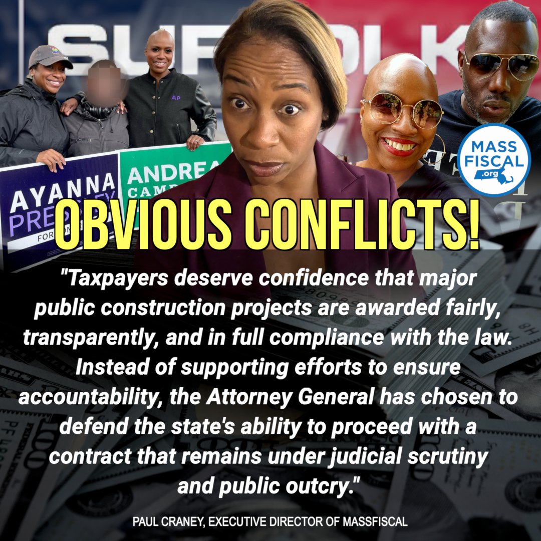 MassFiscal's tweet photo. BOSTON, MA – Today, Massachusetts Fiscal Alliance slammed Attorney General Andrea Campbell’s decision to interject her office, and taxpayer resources, into the Springfield courthouse scandal, in an attempt to defend her political allies. Legal questions surrounding the procurement process remain unresolved, but AG Campbell is quick to come to the defense of her political allies. 

According to MA Office of Campaign and Political (OCPF) records, AG Campbell has received several thousands of dollars in campaign donations from parties she is defending in the ongoing lawsuit.