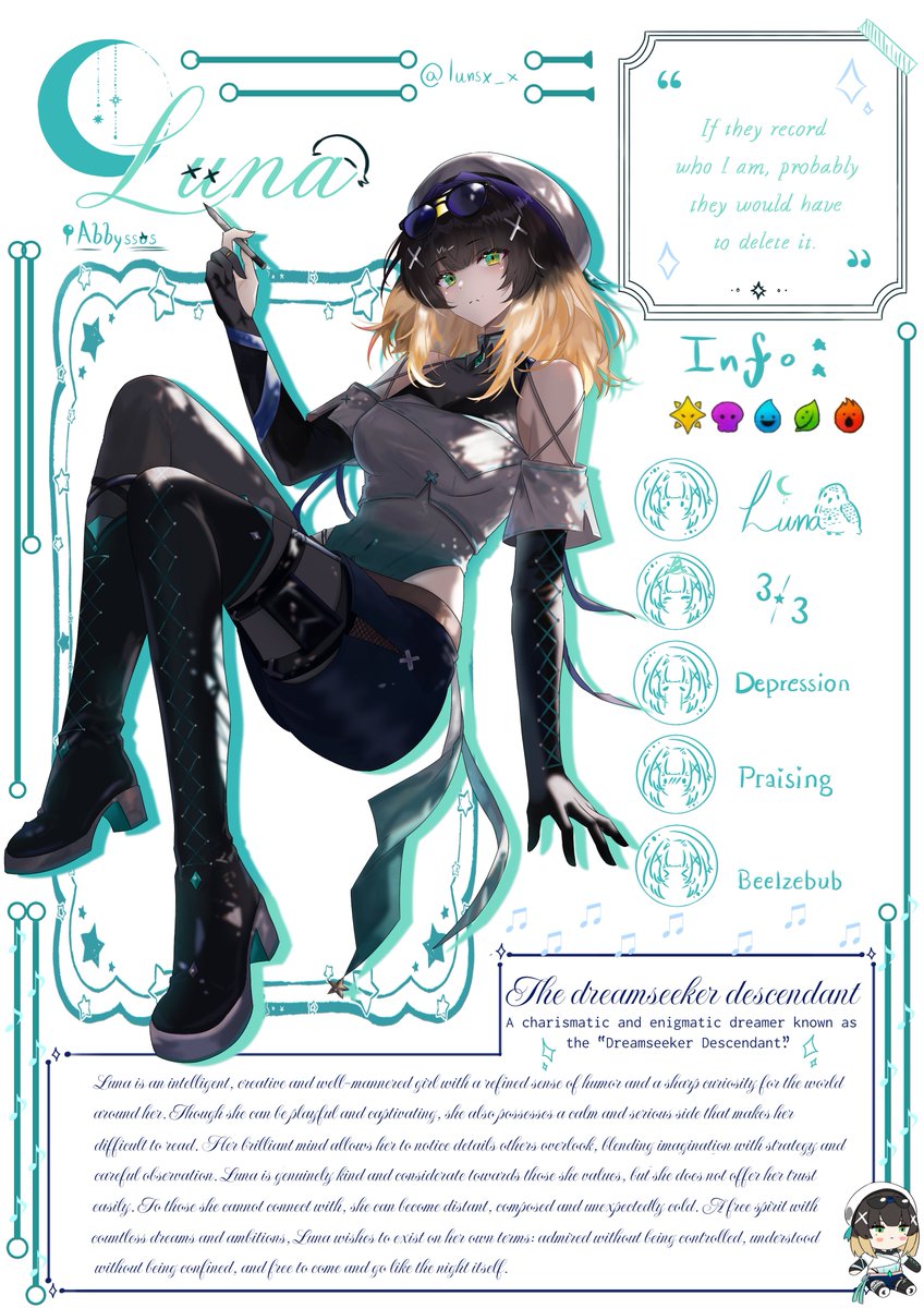 lunsx_x's tweet photo. "...I want to sing" 

MC presentation: Luna — The dreamseeker descendant. 

AHHH, I'M HAPPY I CAN FINALLY POST THIS!!!! Hope you like her, she is a little mysterious~ 🌙

#WHB #Whatinhellisbad #地獄のどこが悪い #WHB_MC https://t.co/7QHCX4KFVB