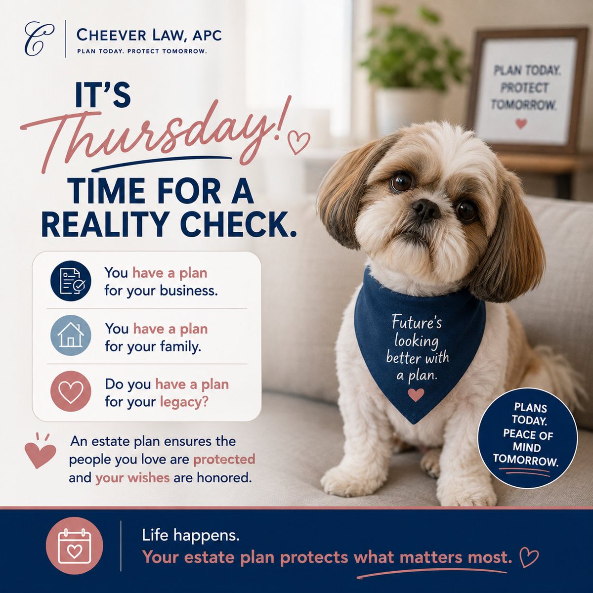 CheeverLaw's tweet photo. Thursday Reality Check 👀

We make plans for work, finances, vacations, and the future - but have you made a plan that protects the people you love most?

A little planning today can save your family from unnecessary stress tomorrow. https://t.co/8e1RYTmjpJ