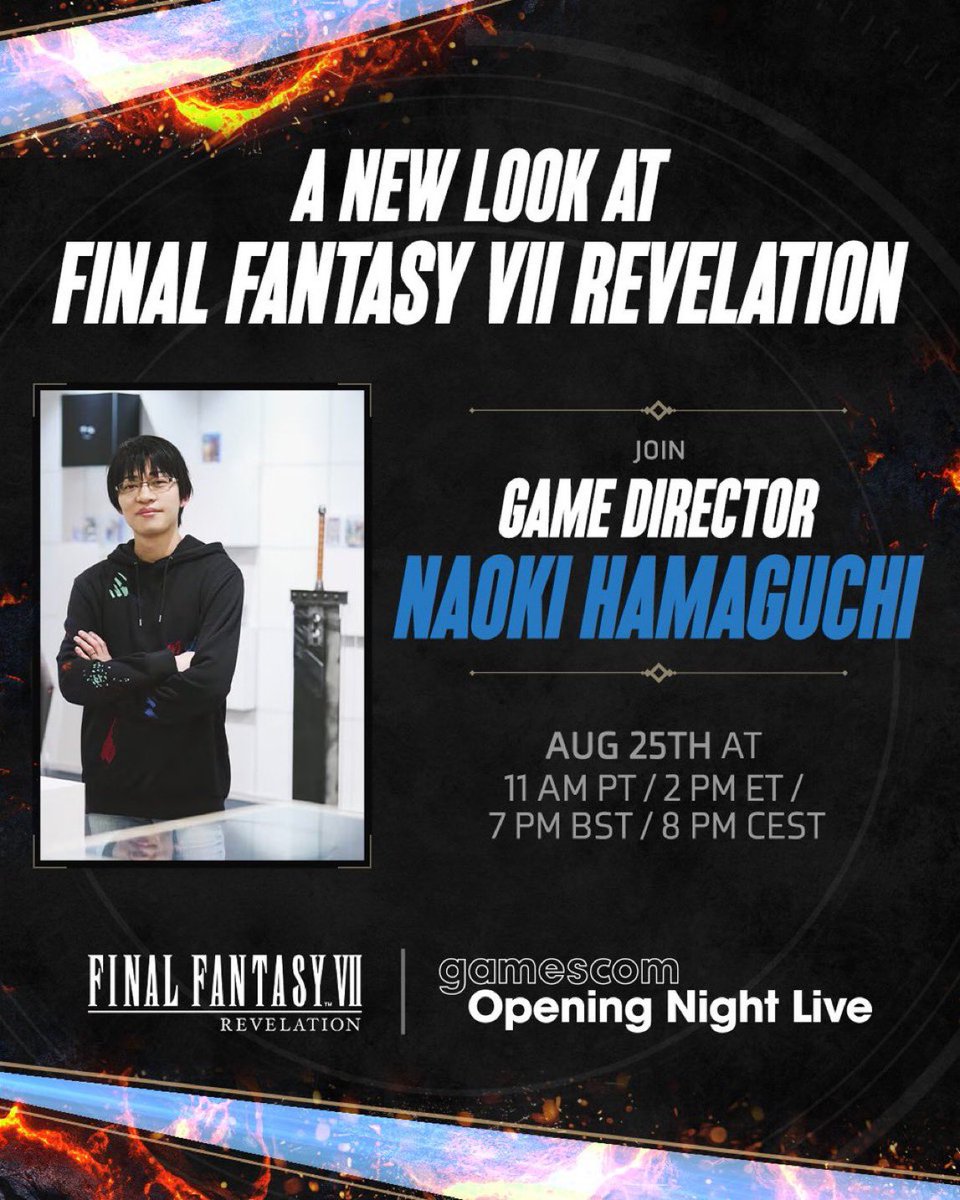 geoffkeighley's tweet photo. A new look at Final Fantasy VII Revelation will premiere on Tuesday, August 25 as part of @gamescom Opening Night Live, introduced by game director @nhamaguc https://t.co/b5xE58sbRs