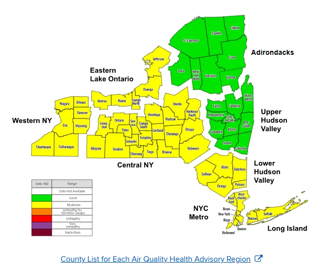 Map of New York state with counties colored coded by the air quality index forecast levels.