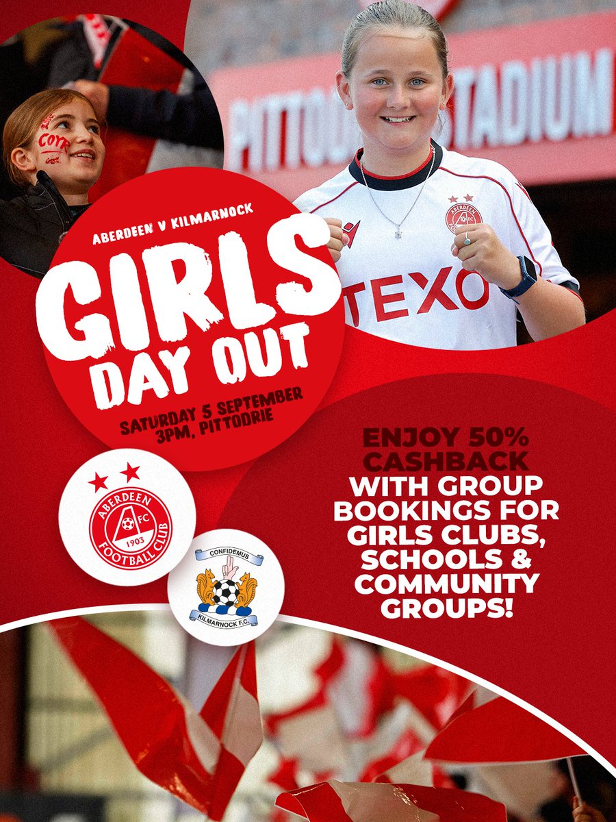 AberdeenFC's tweet photo. We are calling on girls grassroots clubs, local schools and community groups to join us for our fixture against Kilmarnock on Saturday 5th September 📣

In an effort to empower the next generation of Dons and celebrate women in sport, we are offering 50% cashback on all group ticket purchases to support your team's fundraising goals.

Enquire now ⤵

🔗 https://t.co/gpa0PAIrSj