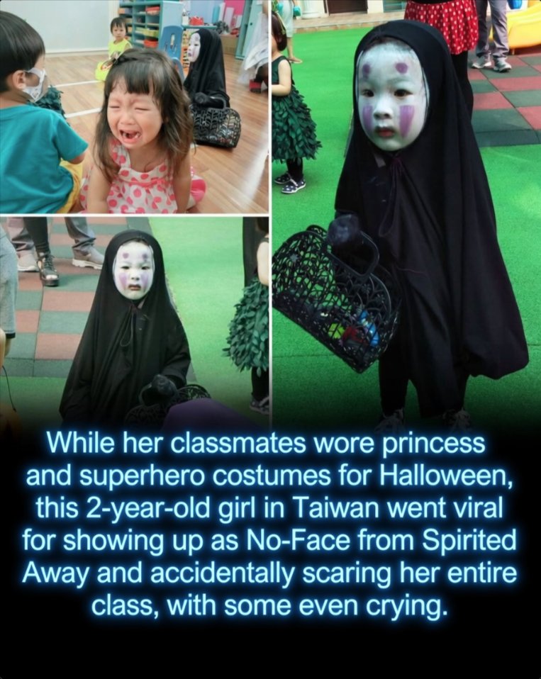 Rainmaker1973's tweet photo. At just 2 years old, Momo Lu from Kaohsiung, Taiwan, arrived at her kindergarten Halloween party in 2016 dressed as No-Face, the silent spirit from Studio Ghibli’s Spirited Away.

While her classmates wore bright princess and superhero outfits, she appeared in a long black cloak and a plain white mask. The unexpected sight startled several children, some of whom stepped back in fear and others who began to cry.

When her mother posted the photos online, the little No-Face became an instant internet sensation. Admirers described her as “terrifyingly cute” and joked that she had already claimed the Halloween crown at such a young age.

The images have endured as one of the web’s most memorable Halloween moments, showing that even the smallest child can deliver the biggest scare.
