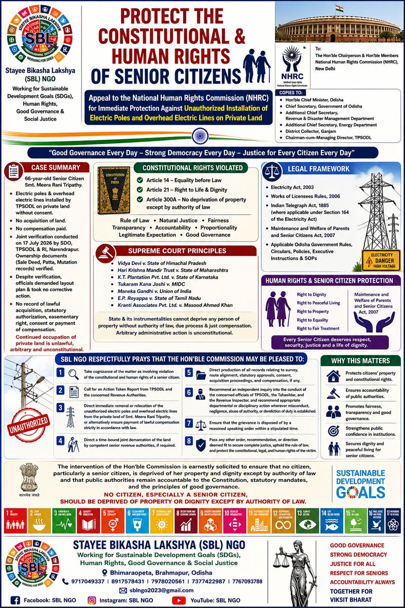 sbl_ngo's tweet photo. Unauthorized installation of electric poles &amp; overhead electric lines over her private land by #TPSODL &amp; no appropriate action against the concerned officials of @PTpsodl EE, AE the Tahasildar Chatarpur &amp; the Revenue Inspector, Narendrapur, Ganjam. @CMO_Odisha @EnergyOdisha https://t.co/7r6jYuHcsz