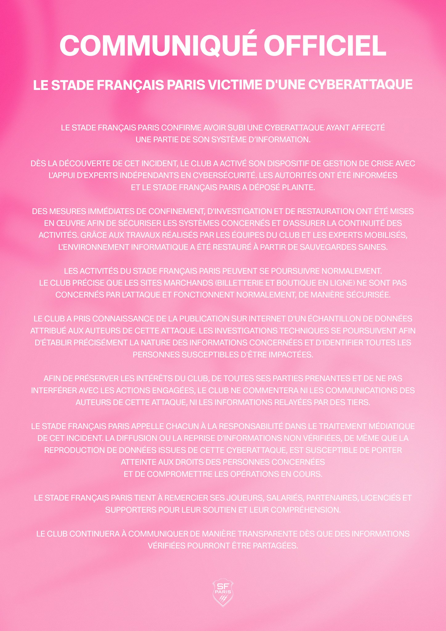 Stade Français Paris (@SFParisRugby) on X