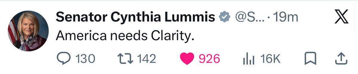 GK_Trustee's tweet photo. JUST IN; America Needs Clarity.

Sen. Cynthia Lummis https://t.co/CkiCknKpxe