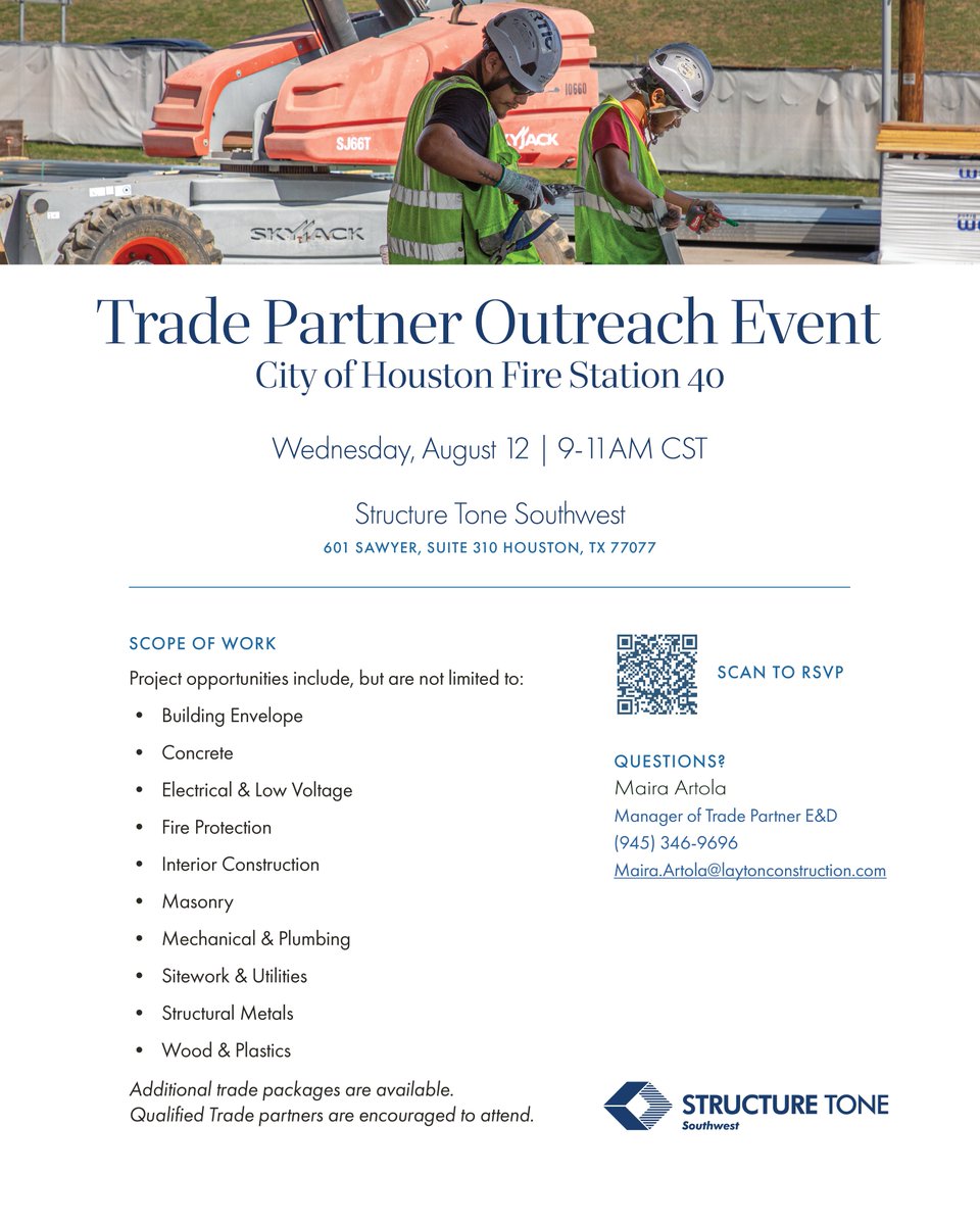 StructureToneSW's tweet photo. We're looking to connect with qualified trade partners for the upcoming 𝗖𝗶𝘁𝘆 𝗼𝗳 𝗛𝗼𝘂𝘀𝘁𝗼𝗻 𝗙𝗶𝗿𝗲 𝗦𝘁𝗮𝘁𝗶𝗼𝗻 𝟰𝟬 project.

📅 Wednesday, August 12
⏰ 9-11 AM CDT
📍 Structure Tone Southwest
601 Sawyer, Suite 310
Houston, TX 77077

https://t.co/839v7BFTr3 https://t.co/gnirZmkQhQ