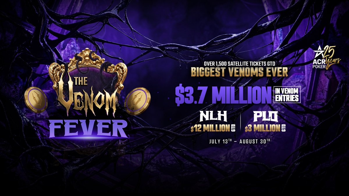 TwinnyPoker's tweet photo. ACR POKER brings you Venom Fever.
"Take your chance at winning $1,000,000 via the cheapest satellites possible at ACR Poker!"
#ACRPoker #ACRCommunity #MysteryBounty #VenomFever https://t.co/zMhczgCshK