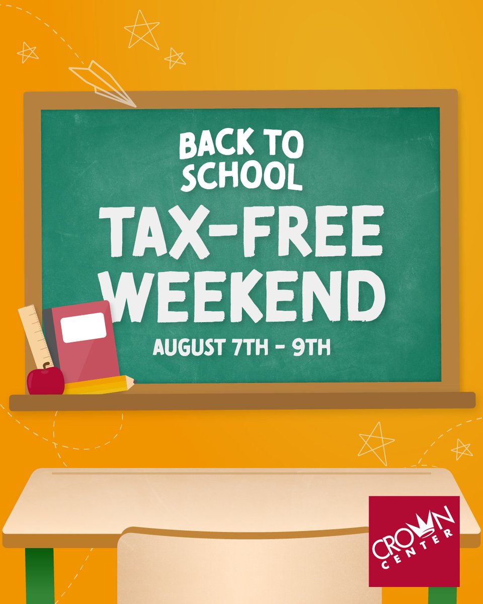 CrownCenter's tweet photo. 📚 Back-to-school savings are here!

Missouri Tax-Free Weekend is August 7–9, making it the perfect time to check a few items off your school shopping list while saving on qualifying purchases.

Plan your trip today: https://t.co/OiIeGYhbo3 https://t.co/3HL9DXQhyv