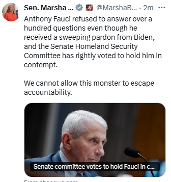 4HumanUnity's tweet photo. .@MarshaBlackburn  "Monster"? He's a doctor who spent 40 years saving lives and used a constitutional right you claim to defend, once. Dr. Fauci is a HERO.

Where was this outrage when Trump invoked the Fifth Amendment more than 440 times in his own 2022 deposition on the Trump Organization fraud case?

Same right. Same Constitution. But when Trump does it, you call it smart lawyering. When Fauci does it, you call him a monster and vote to hold him in contempt.

Fauci testified before Congress over 250 times across four decades and never once invoked the Fifth, until Rand Paul turned a hearing into a prosecution setup.

And The real danger isn't Fauci. It's teaching every scientist watching that testifying honestly before Congress can get you criminally referred. Next pandemic, the experts we need either won't show up, or won't tell us the truth.

So much harm is being done by this Republican Senate. You're not upholding accountability, Senator. You're punishing honesty and  the science with your ignorance.