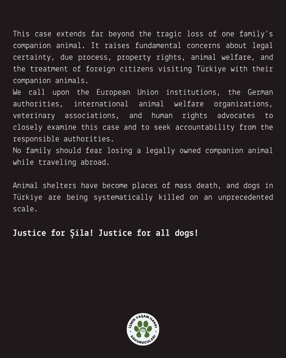 izmiryasamhakki's tweet photo. An international scandal:

The case of Sila raises serious concerns about Turkey's new animal law https://t.co/sw7GlqwWox