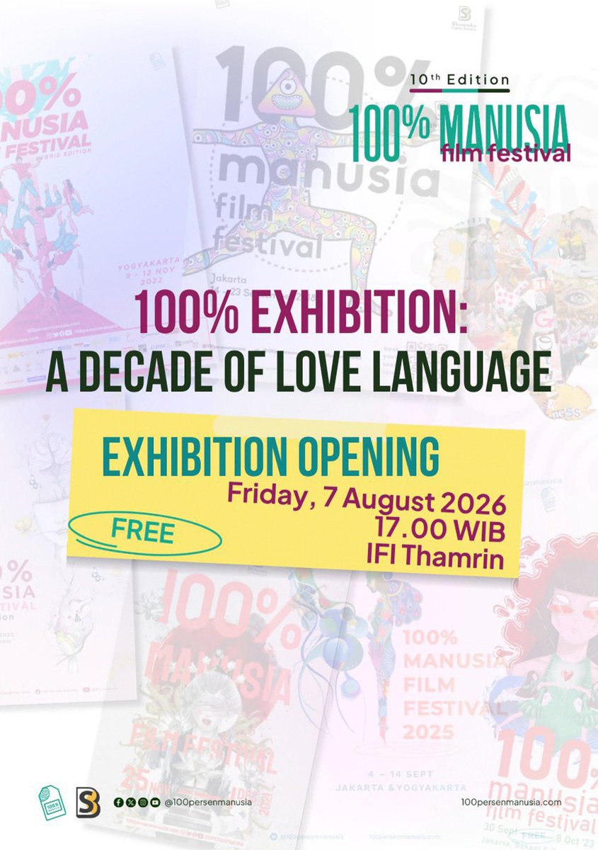 MokinoID's tweet photo. @100prsenmanusia 100% Manusia Film Festival is back for its 10th edition! 🎬
•
📍Jakarta • Bali • Yogyakarta
🗓️ 6–15 August 2026
•
100% Exhibition #ADecadeofLoveLanguage
•
#100PMFF26 #100PersenManusia https://t.co/gPmPJKHEEE