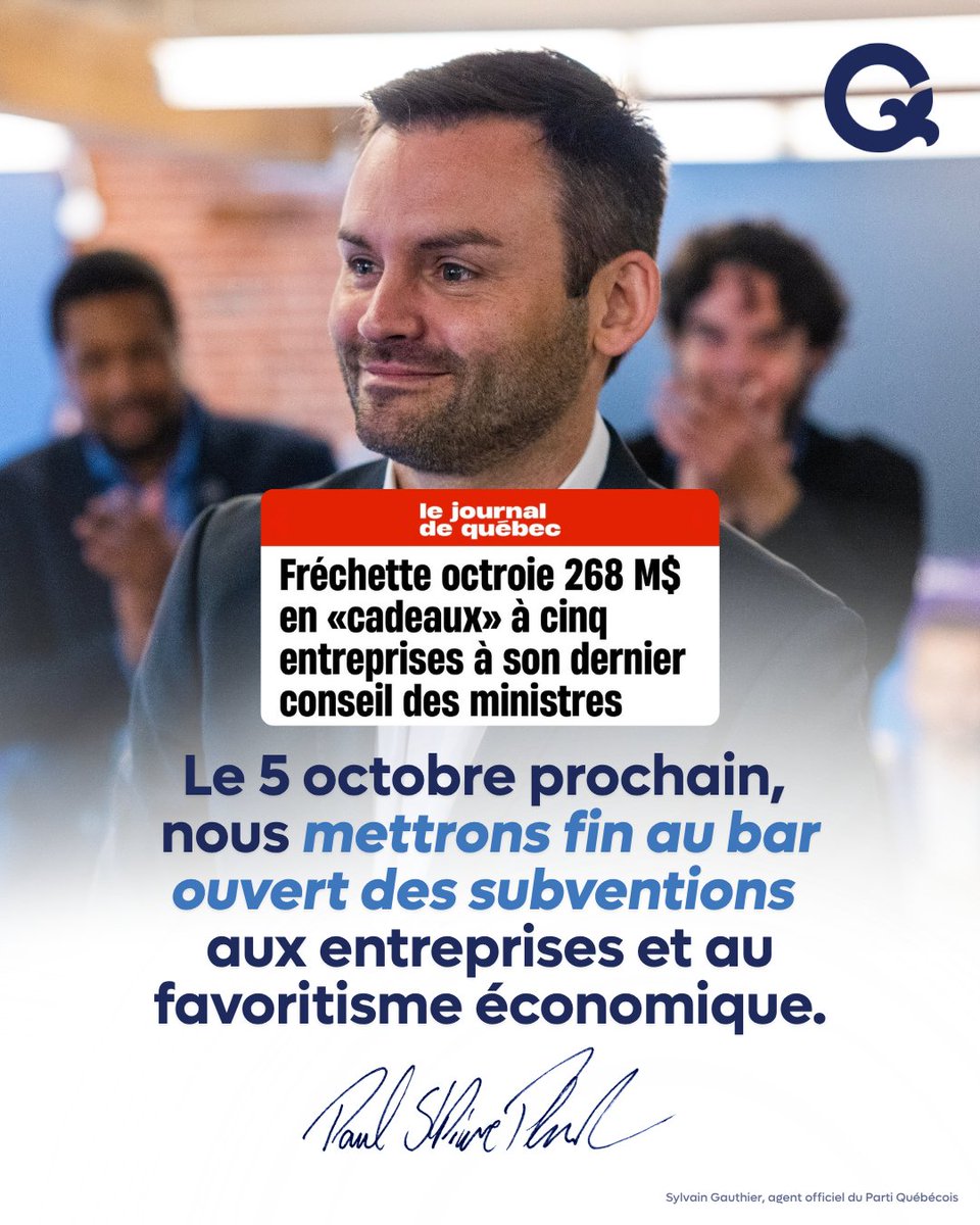 partiquebecois's tweet photo. Que ce soit François Legault ou Christine Fréchette à la tête de la CAQ, rien n’a changé. Ce parti continue de flamber l'argent des Québécois comme s’il jouait au casino. 

Alors que la première ministre promettait de limiter les dépenses et de réduire l’interventionnisme économique, on apprend aujourd'hui qu’elle a distribué en catimini 268 M$ en subvention à quelques grandes entreprises, sans explication. 

Un gouvernement du Parti Québécois mettra fin à ce bar ouvert des subventions caquistes afin de créer un environnement d’affaires compétitif, prévisible et équitable. Nous formerons un gouvernement au service des Québécois et nous gérerons les fonds publics avec rigueur.
