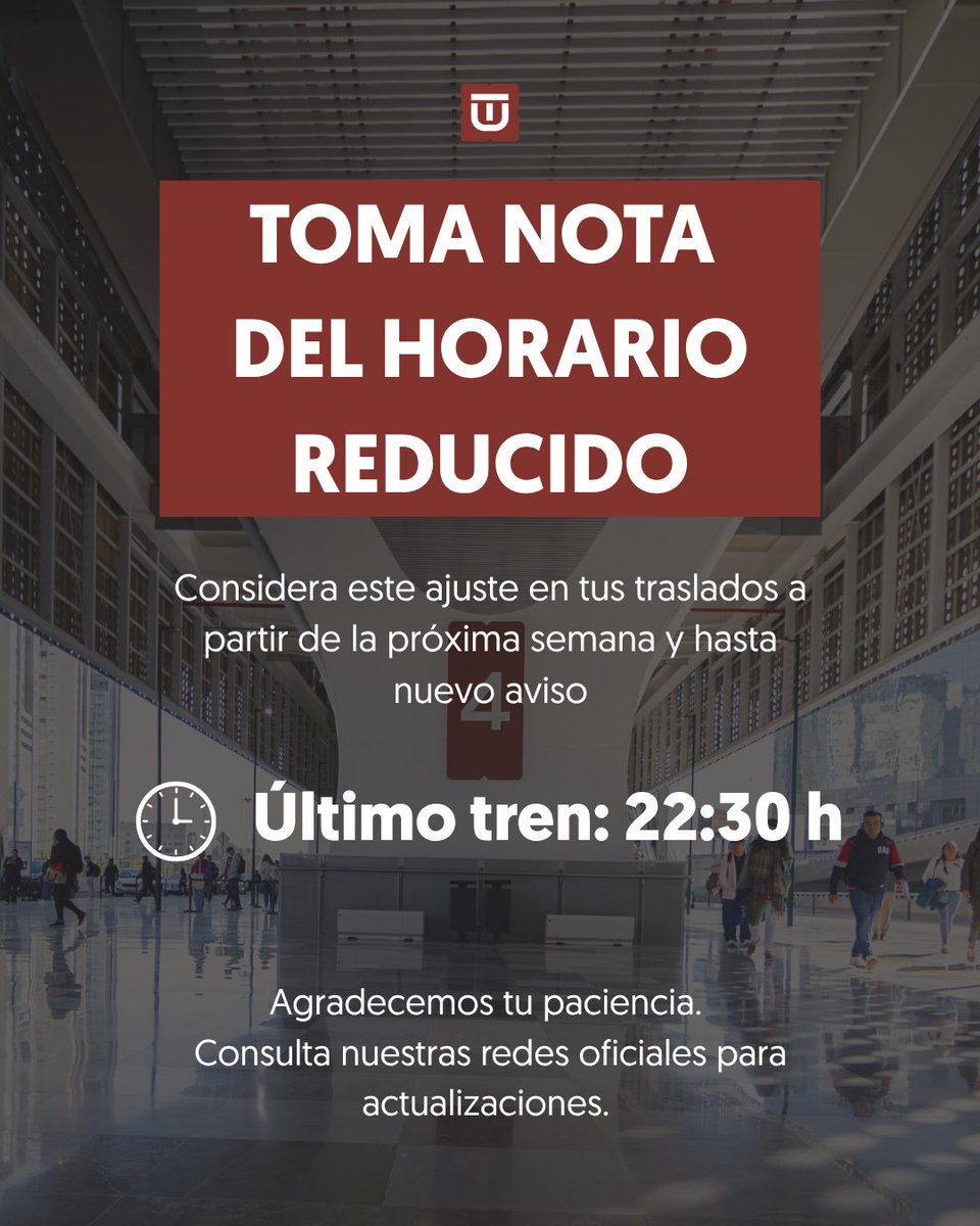 TrenInsurgente's tweet photo. ⚠️Recuerda que, a partir del 10 de agosto, El Insurgente operará con horario reducido por tareas programadas de mantenimiento, medida que permanecerá vigente hasta nuevo aviso.

ÚLTIMO TREN: 🕥 22:30 h

#ElInsurgenteTeLleva https://t.co/ufBWSIyb8t