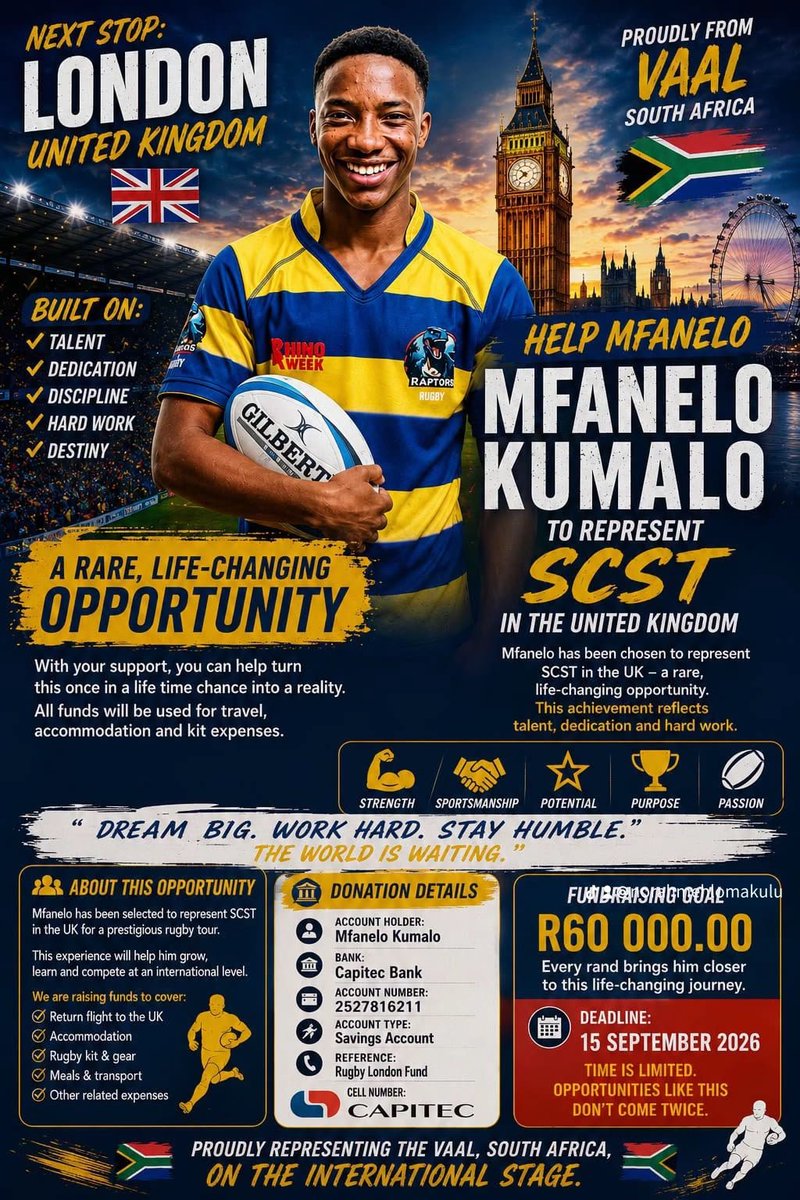 Lekoafm91's tweet photo. From the fields of the Vaal to the stadiums of London

Mfanelo Kumalo’s dream is coming true
Now let’s help him get there

We’re fundraising R60 000 by 15 Sep 2026 
For flights, accommodation, gear and more.
Capitec Bank - 2527816211 - Mfanelo Kumalo
Reference: Rugby London Fund https://t.co/BuQcAWtol8
