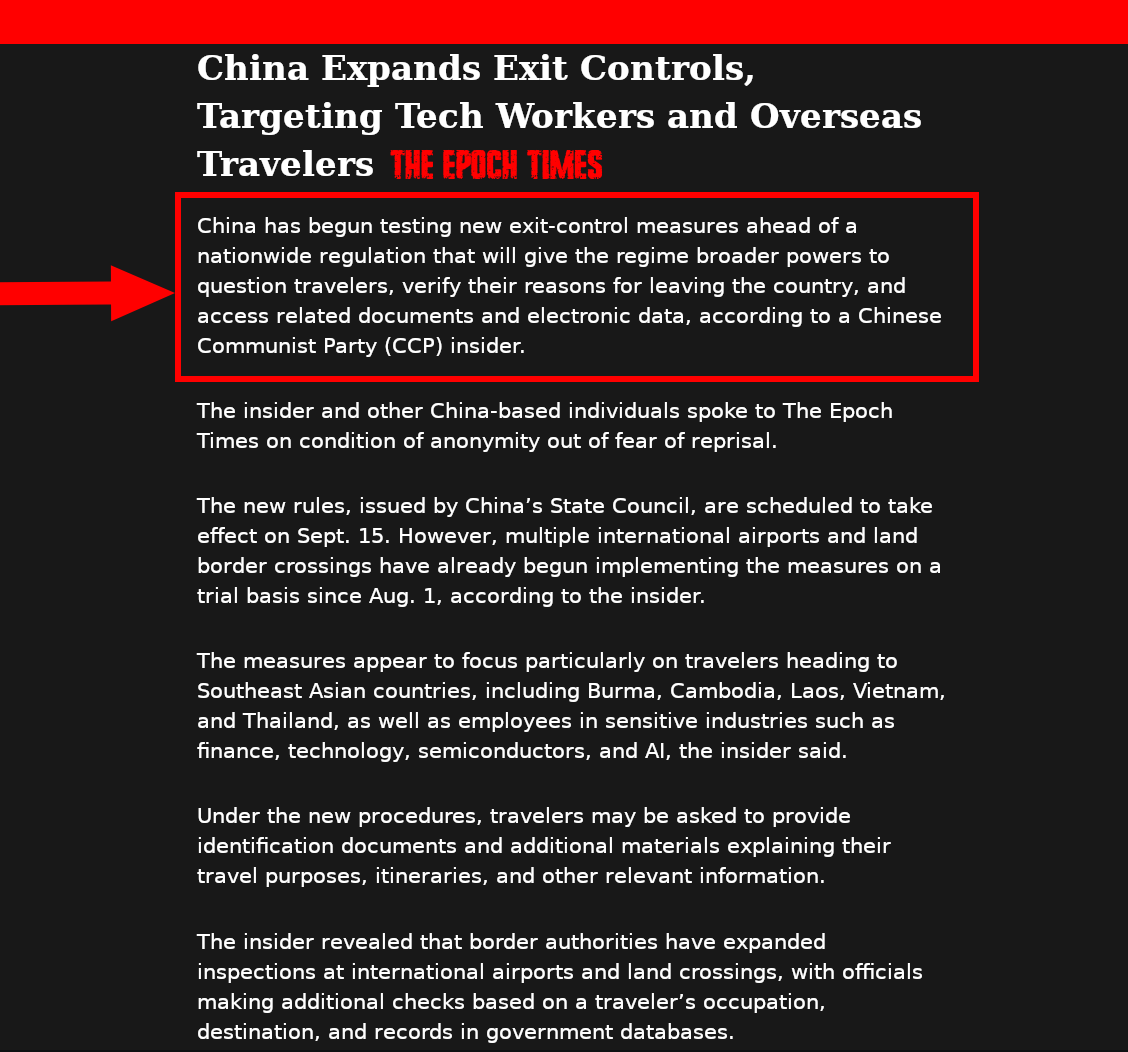chicago_trading's tweet photo. 🔥 Chinese Communist Control

China Expands Exit Controls, Targeting Tech Workers and Overseas Travelers -The Epoch Times https://t.co/kAjdsvovAN