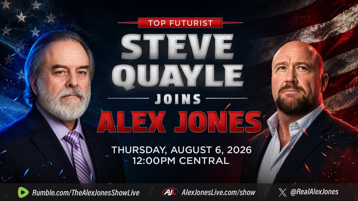 AJNlive's tweet photo. LIVE EXCLUSIVE: Renowned Futurist Steve Quayle, Whose Motto Is "Tomorrow's News Today," Joins The Alex Jones Show To Break Down The Coming Global Conflict &amp; More! 

Tune In! https://t.co/5MeSzRKH0F 

#AlexJonesNetwork https://t.co/nnnr0w4GVQ