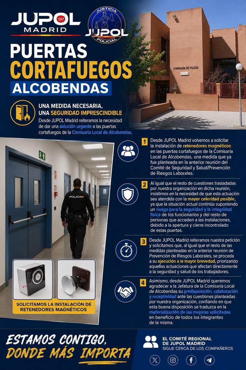Jupol_Madrid's tweet photo. 🚨 Solicitamos con urgencia la instalación de retenedores magnéticos en las puertas cortafuegos de la Comisaría de Alcobendas🏢

Su apertura e impacto incontrolado suponen un riesgo real para funcionarios y ciudadanos.

¡Exigimos soluciones inmediatas!⚠️
#JUPOL #PRL #Alcobendas https://t.co/Cqrcef9Y7U