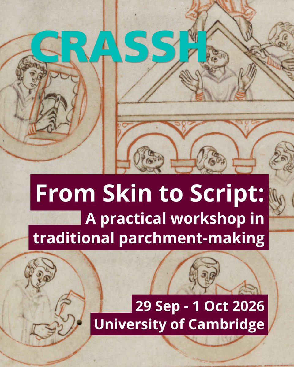 CRASSHlive's tweet photo. Join us for 'From Skin to Script', a hands-on workshop in traditional parchment-making – one of the UK's most critically endangered crafts

Explore how living craft knowledge affects how we understand medieval manuscripts

29 Sep - 1 Oct 2026
https://t.co/8PNjVxenjG https://t.co/ESmsntGHUs