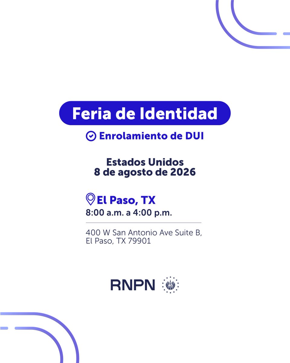 rnpn_sv's tweet photo. Asiste a nuestra Feria de Identidad este sábado en El Paso, TX y solicita tu DUI. 🪪 https://t.co/ImJyQ02QwD