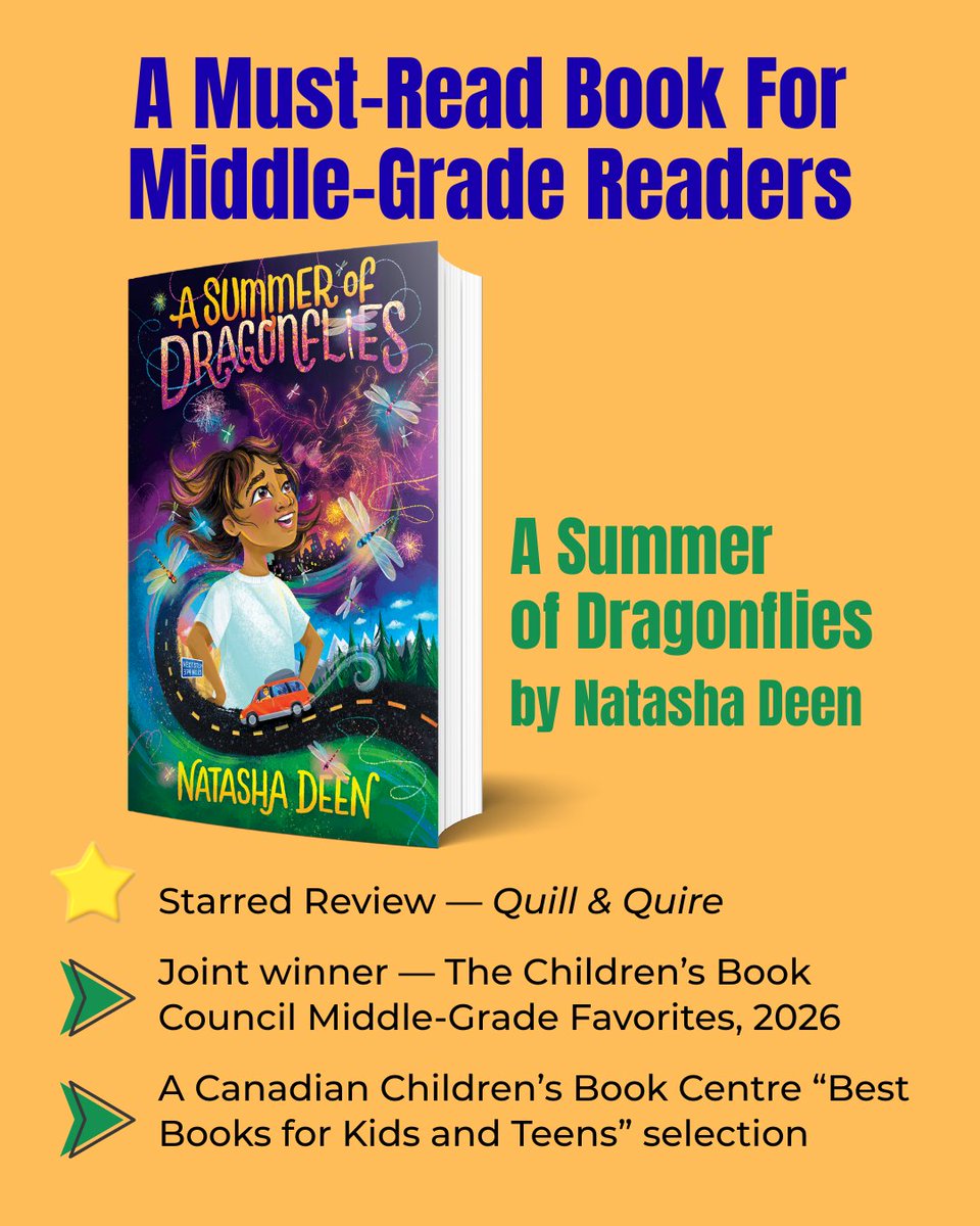 dcbyoungreaders's tweet photo. A Summer of Dragonflies by Natasha Deen.
* Joint winner — The Children’s Book Council Middle-Grade Favorites, 2026
* Starred Review — Quill & Quire
* A Canadian Children’s Book Centre “Best Books for Kids and Teen” selection
@MandaGroup #IReadCanadian #middlegradereads https://t.co/iO6VPVvrMA