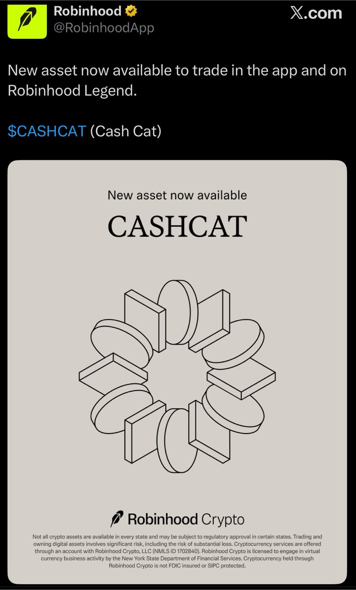 H4X1_'s tweet photo. I log on sometimes and give my 2 followers free alpha.  

cash-cat:native 

This should’ve been obvious on hind sight being the only teased token during Robin hoods recent conferences . 

@vladtenev  

Likes memes. 

There will be others. https://t.co/MbVcxUDv9O