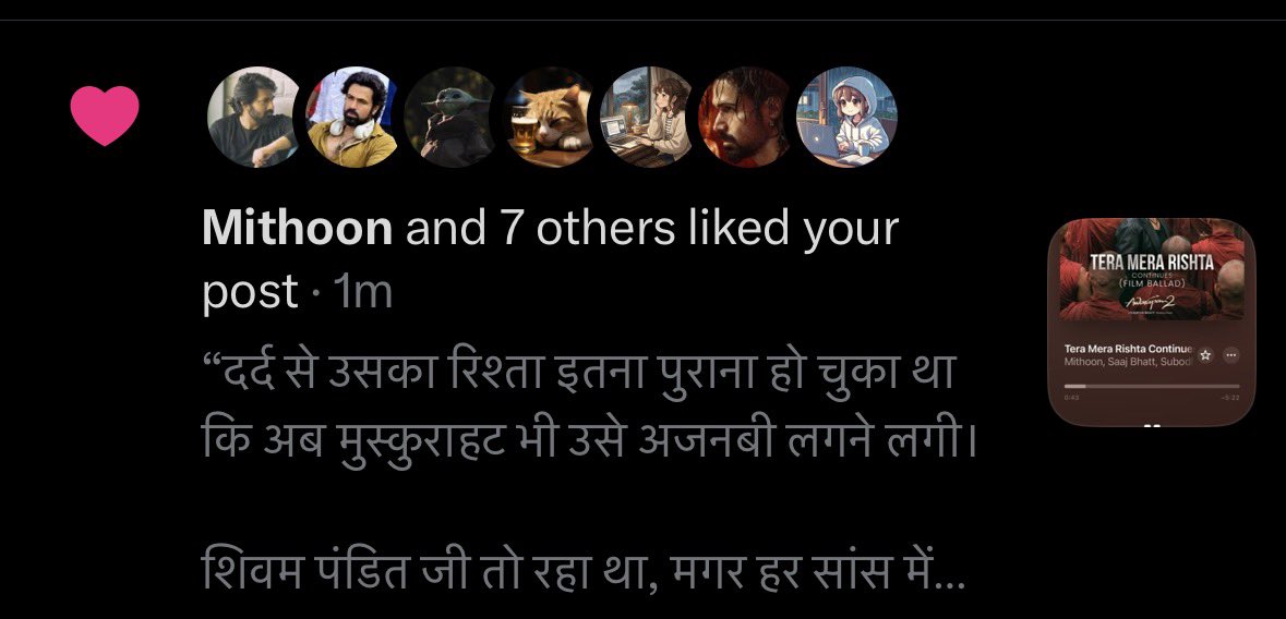 Invictus__7's tweet photo. What a day to be alive ! 💫✨
1. Emmy’s #Awarapan2 trailer drops after 19 years
2. Fav song 2.0 - Tera Mera Rishta Continues drops in 2 versions after 19 years
3. Legendary music composer and singer, #Mithoon likes my tweet for Tera Mera Rishta 2.0
4. Legendary music composer and singer, #AmaalMallik replies to my tweet regarding Yeh Awarapan composition and says there’s more to what meets the eye. 
5. The day ends with our very talented singer of Ve Junoon and Tere Mera Rishta 2.0 #SubodhhSharma liking my tweet. 

This is why I keep saying #Awarapan is beyond just a movie to me. This movie and its music has shaped me, given me hope, healed me and has turned all my manifestations true both as a kid and now as an adult. I lived my dream life in one day. 

God has been so so so kind today 🙏🏻❤️
Bas aisi chotti chotti khusiyan bahut hai, Bhagwan ji !! Bas dete rehna. 

Aapka Abhaar 🙏🏻✨