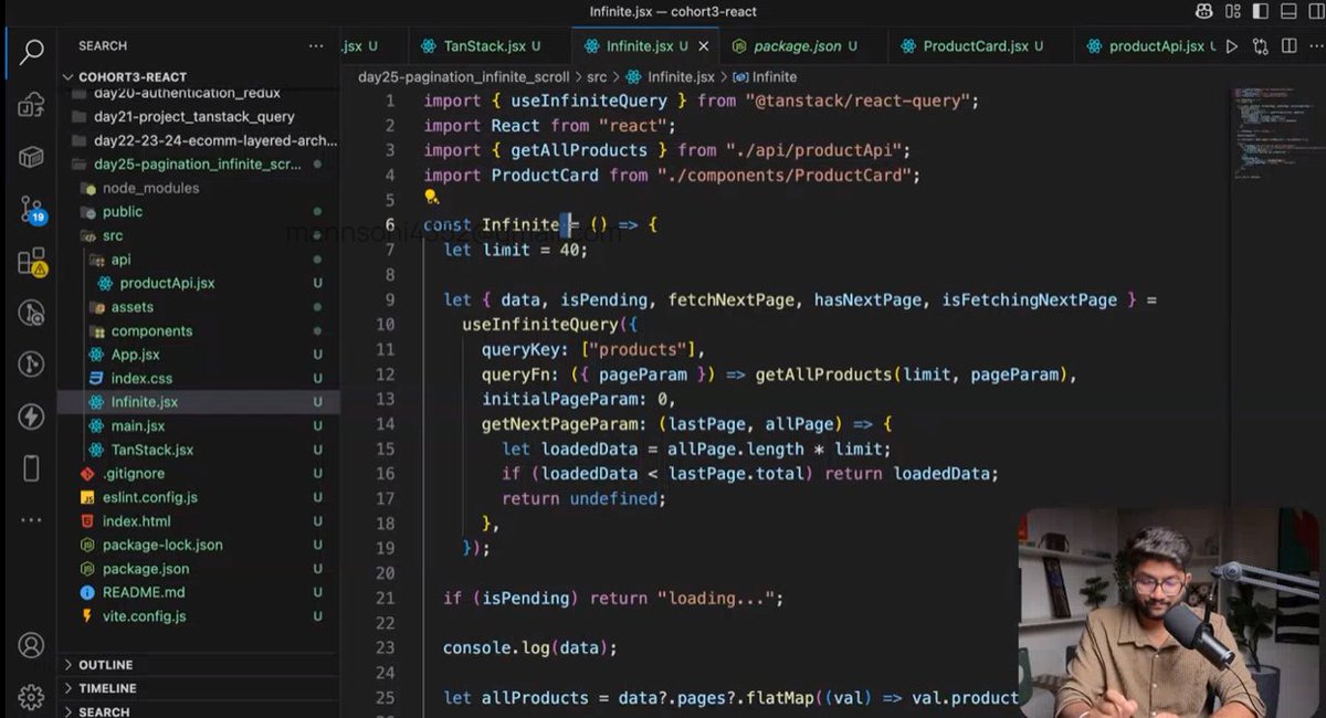 prathamkave's tweet photo. TanStack Query Session at @sheryians_ COHORT 3.0

• Pagination with &amp; without TanStack Query
• Infinite Scrolling
• limit &amp; skip query parameters
• useInfiniteQuery() &amp; flatMap()

#ReactJS #TanStackQuery #InfiniteScroll #Pagination #JavaScript #Cohort3 #SheryiansCodingSchool https://t.co/Rz3rYO6Nye