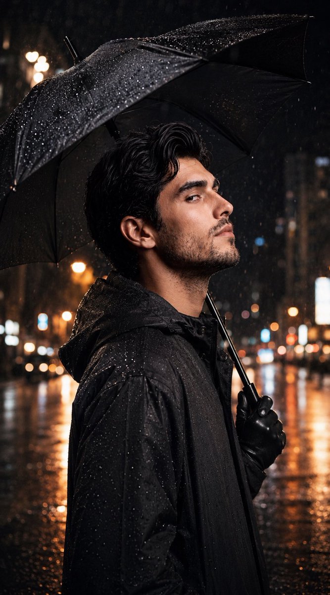 ネオ・ノワール風シネマティックな雨のポートレート