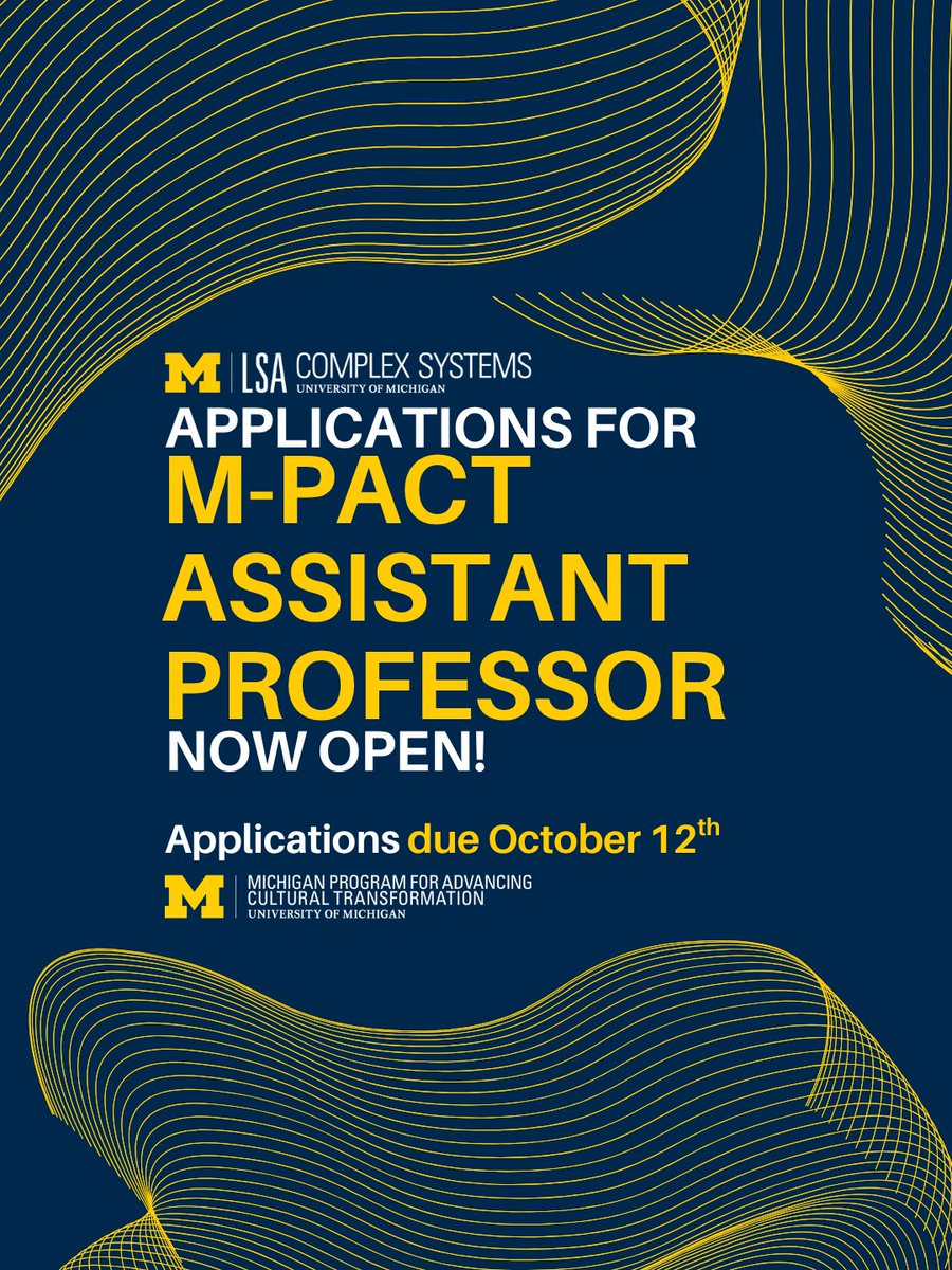 UMICHCS's tweet photo. Applications are open for the Complex Systems is seeking exceptional early-career scholars working in complex systems and interdisciplinary research to nominate for the 2027 M-PACT Program! Visit this link for full details https://t.co/8HNGSm3zpW  #AcademicJobs #TenureTrack #UofM https://t.co/O32ANwK8q4