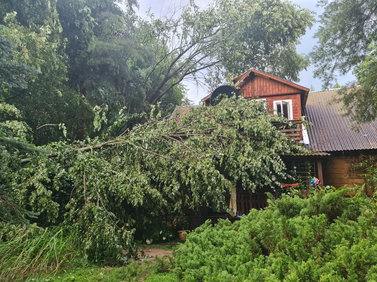 Zachedrynski's tweet photo. Trzeba dać na mszę dziękczynną, bo wichura położyła tylko dwa drzewa i to nie na domu, tylko po dwóch jego stronach. Zniszczona balustrada na balkonie, naderwany przewód energetyczny i wygięte mocowanie anteny to w tej sytuacji właściwie nie straty - mogło już nie być domu i samochodu...