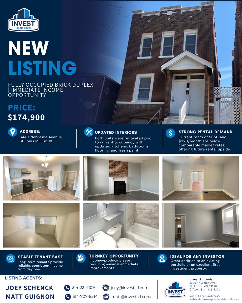 InvestSTLouisRE's tweet photo. 🏡 New Listing | Fully Occupied Brick Duplex

Now available at 3440 Nebraska Avenue, St. Louis, MO 63118 for $174,900.

This fully occupied brick duplex is a turnkey investment opportunity offering immediate cash flow with additional rental upside. https://t.co/wX99lEdw74