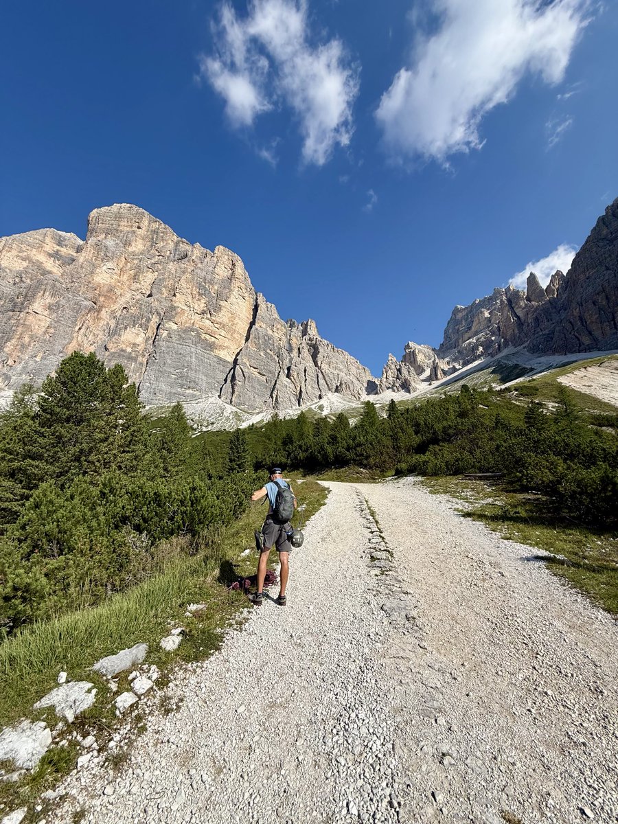 AlexHonnold's tweet photo. I’m in the Dolomites for a week with my old friend Josh - our first day of climbing we intended to climb on Cime Grande but we didn’t know about the parking (or lack thereof…) and it was too crowded so we pivoted to a random 16 pitch 5.12c that we found in the guidebook. Such an amazing climbing destination when you can randomly choose some other route and it’s still a world class experience. And the scenery!!