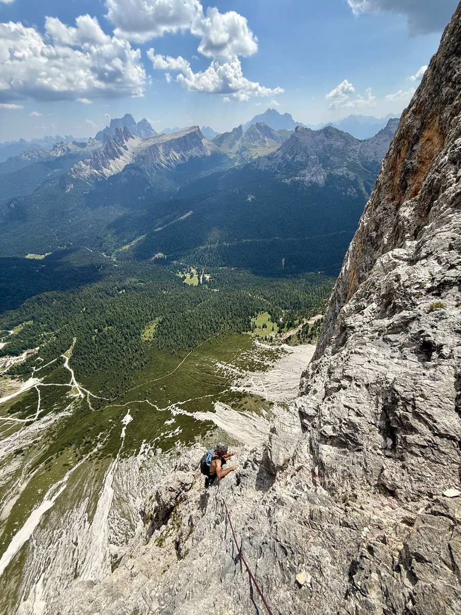 AlexHonnold's tweet photo. I’m in the Dolomites for a week with my old friend Josh - our first day of climbing we intended to climb on Cime Grande but we didn’t know about the parking (or lack thereof…) and it was too crowded so we pivoted to a random 16 pitch 5.12c that we found in the guidebook. Such an amazing climbing destination when you can randomly choose some other route and it’s still a world class experience. And the scenery!!