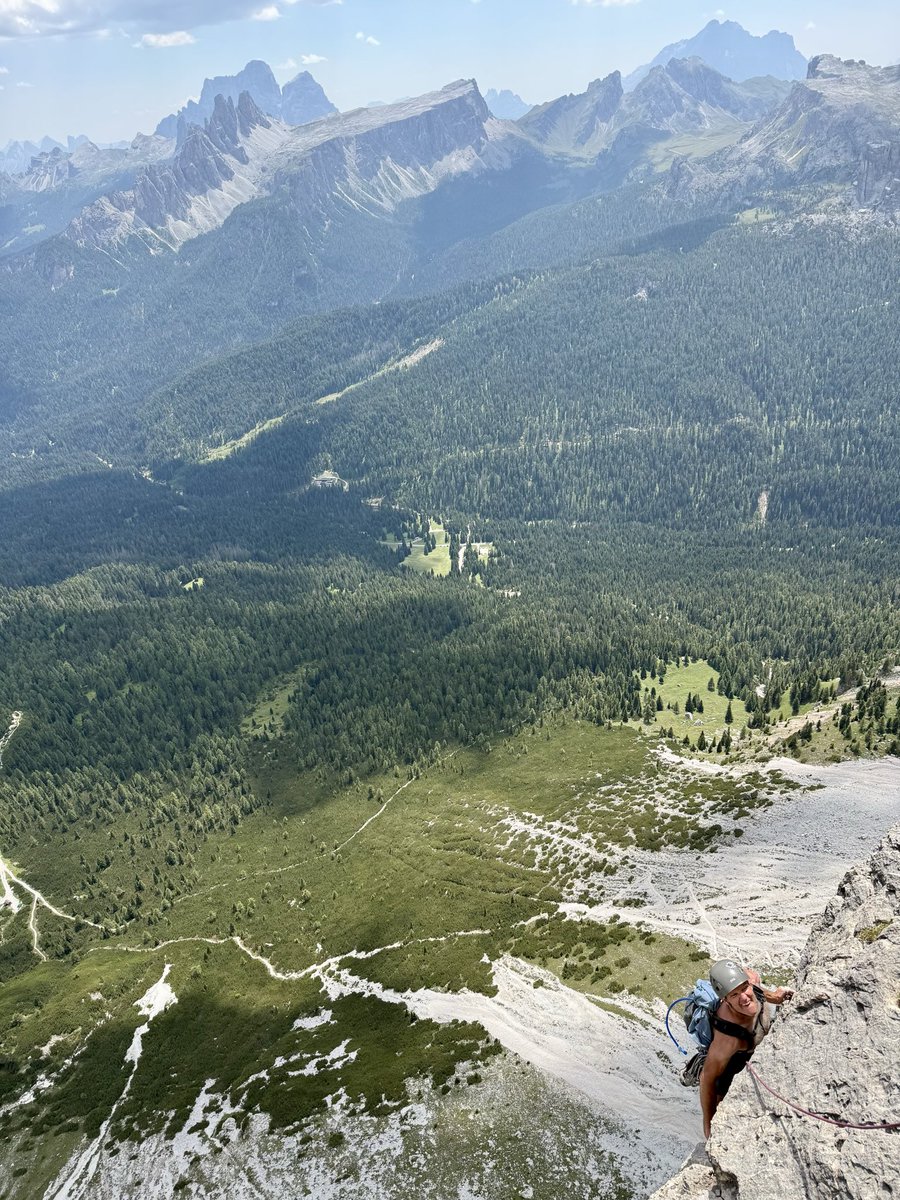 AlexHonnold's tweet photo. I’m in the Dolomites for a week with my old friend Josh - our first day of climbing we intended to climb on Cime Grande but we didn’t know about the parking (or lack thereof…) and it was too crowded so we pivoted to a random 16 pitch 5.12c that we found in the guidebook. Such an amazing climbing destination when you can randomly choose some other route and it’s still a world class experience. And the scenery!!