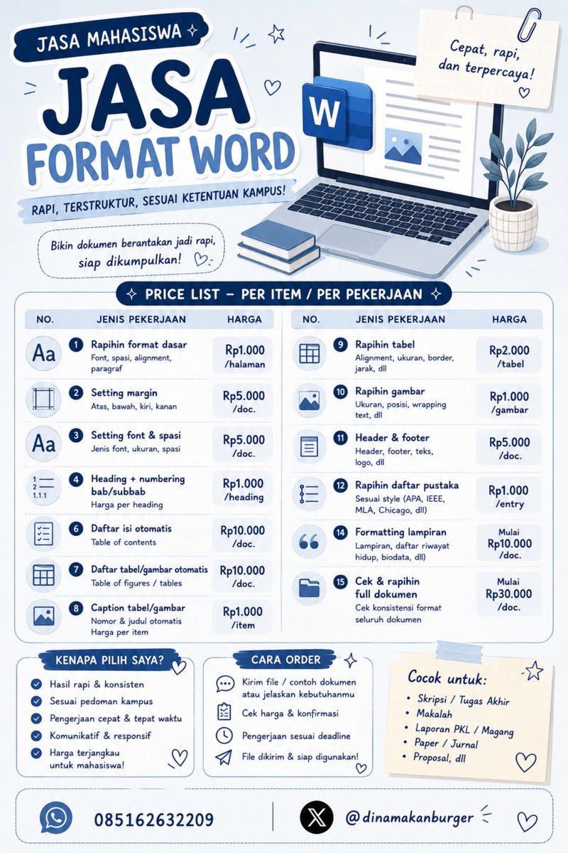 dinamakanburger's tweet photo. 📄 OPEN JASA FORMAT WORD! ✨

Word berantakan? Skripsi, makalah, laporan, atau tugas belum rapi? Sini gue bantuin 😭🤝

Bisa request sesuai format/pedoman kampus juga!

💸 Mulai 1K/item
📱 https://t.co/X1IrTt2kQP

#zonauang #zonajajan #jokiformatword #jokiformatskripsi https://t.co/WNJrBQ3OHI
