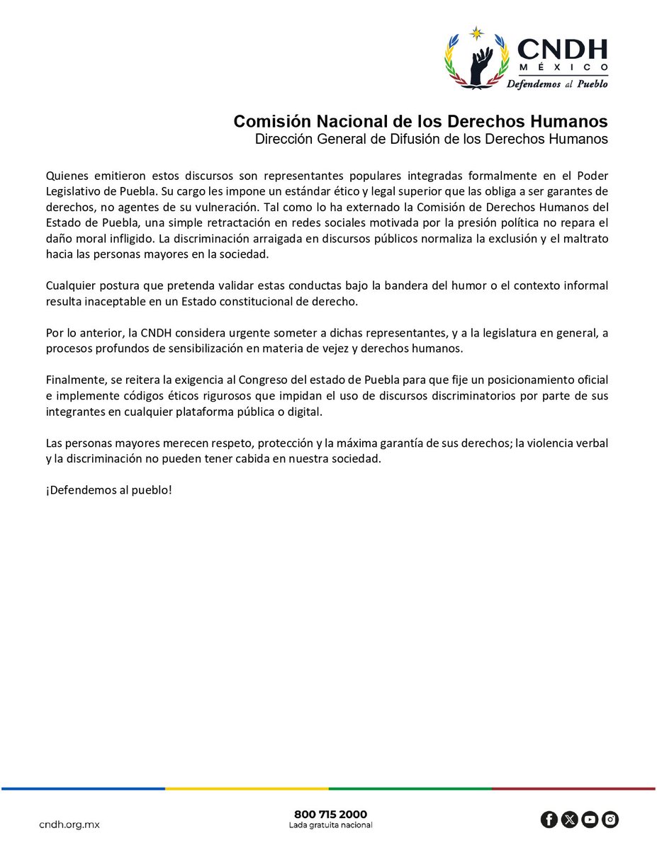 CarlosTorresF_'s tweet photo. 🚨 #ÚltimaHora Revive la @CNDH de Rosario Piedra Ibarra para hundir más a @Naysalvatori.

La Comisión Nacional de Derechos Humanos @CNDH despertó de su flojera para condenar los dichos de @Naysalvatori y sus compañeras de podcast por discriminar a personas adultas mayores.

La CNDH calificó como violencia institucional las declaraciones de las personas involucradas en él podcast Descasadas, señalando que el @CongresoPue deberá implantar códigos éticos para evitar más actos de discriminación.