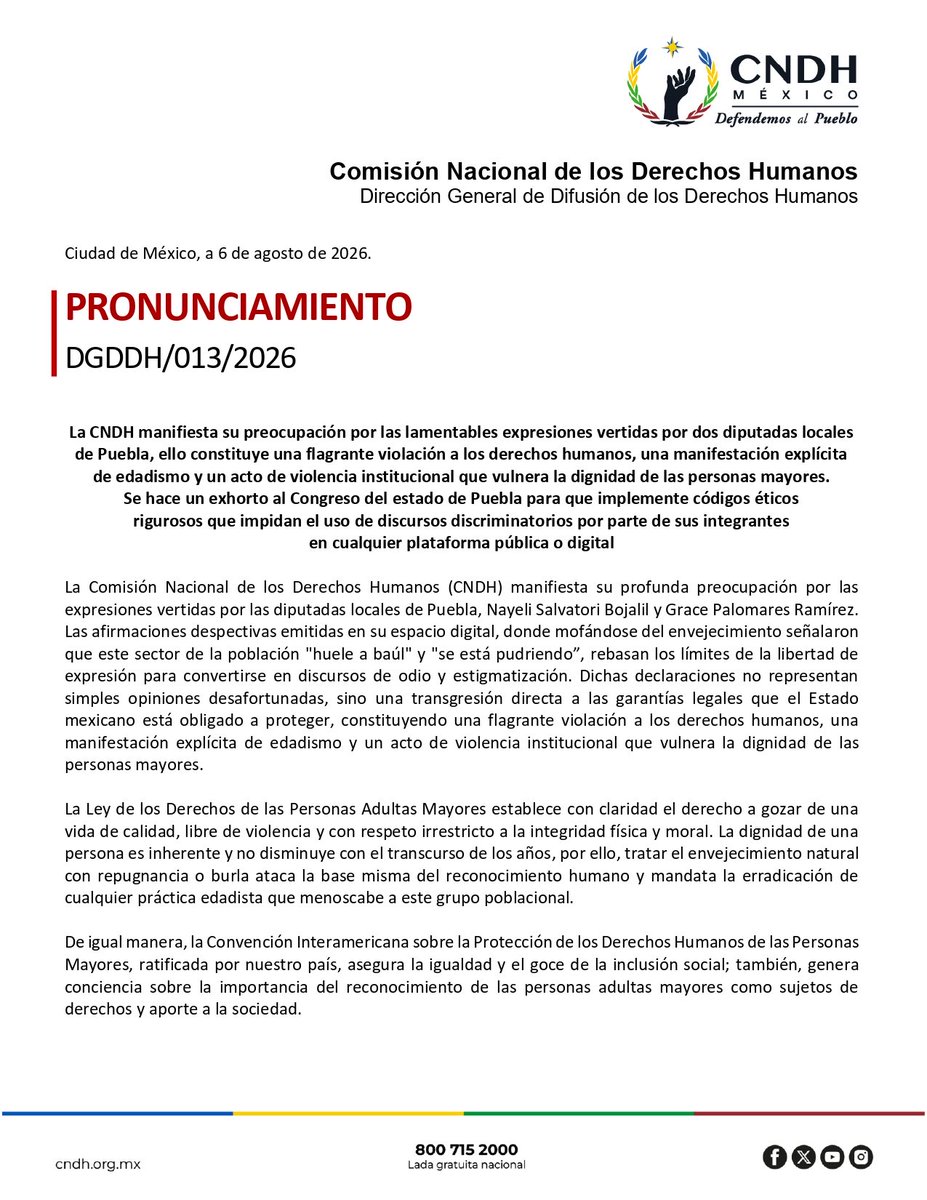 CarlosTorresF_'s tweet photo. 🚨 #ÚltimaHora Revive la @CNDH de Rosario Piedra Ibarra para hundir más a @Naysalvatori.

La Comisión Nacional de Derechos Humanos @CNDH despertó de su flojera para condenar los dichos de @Naysalvatori y sus compañeras de podcast por discriminar a personas adultas mayores.

La CNDH calificó como violencia institucional las declaraciones de las personas involucradas en él podcast Descasadas, señalando que el @CongresoPue deberá implantar códigos éticos para evitar más actos de discriminación.