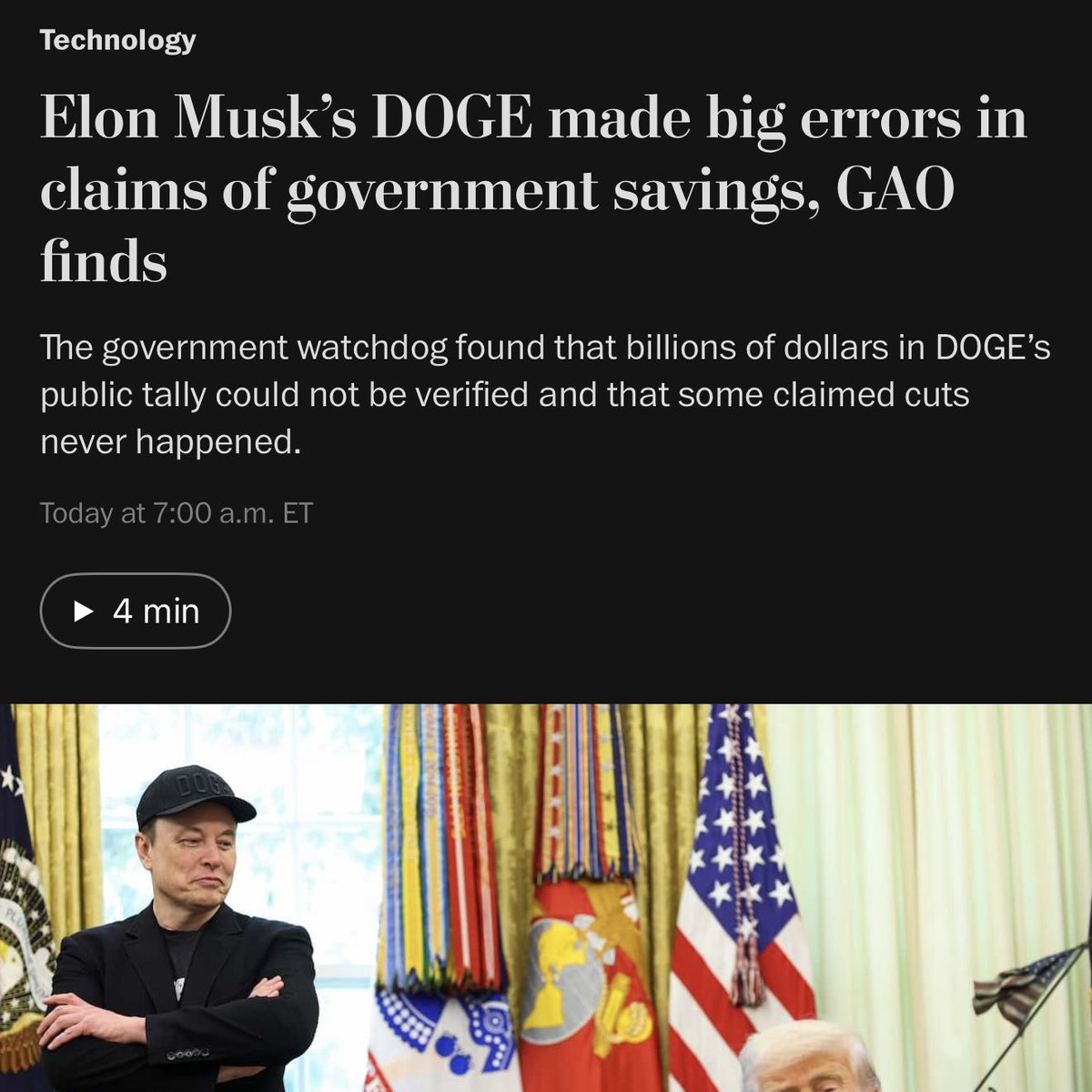 ChrisVanHollen's tweet photo. Elon Musk & his DOGE boys wouldn't shut up about the billions in "waste" they were finding. Turns out most of that was a lie (shocker).
 
This was never about "waste," it was about undermining Americans’ faith in govt & grabbing big govt contracts for Trump's billionaire buddies.

https://t.co/zHYbSGrmYP