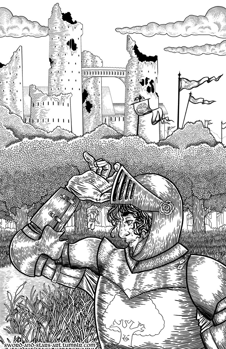 PrettyDamnLaggy's tweet photo. The Mad King play coming out inspired me to finally work more on this Knight of the Laughing Tree piece, finally done with the lineart lmao 😭💖 ugh I hope they do a US release of the player sobs I wanna see it so bad 

#asoiaf #themadking #hotd #akotsk #gameofthrones #wip https://t.co/aVDWD5p8FI
