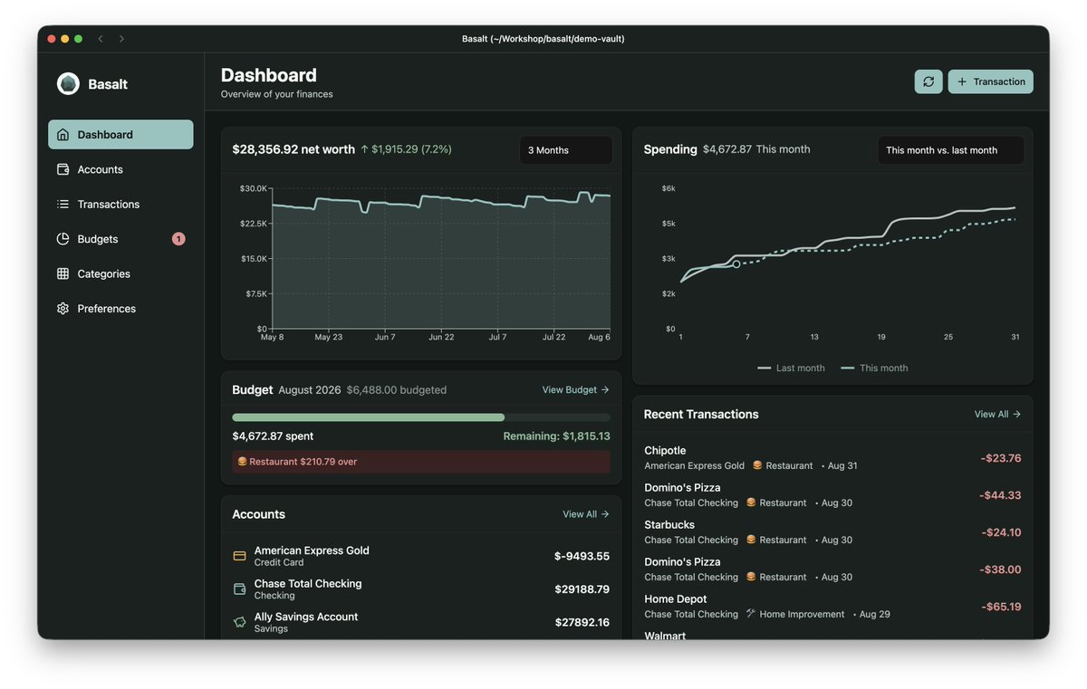 BuildWithTom's tweet photo. When I started working on @BasaltApp I had one thing in mind: to follow @kepano & @obsdmd's file-based approach but for financial data. I wanted to users to own their data and be able to do what they want with it which is why I came up with a format that anyone can feed the docs to Claude/Codex and build tools around. https://t.co/yYhauXqV62