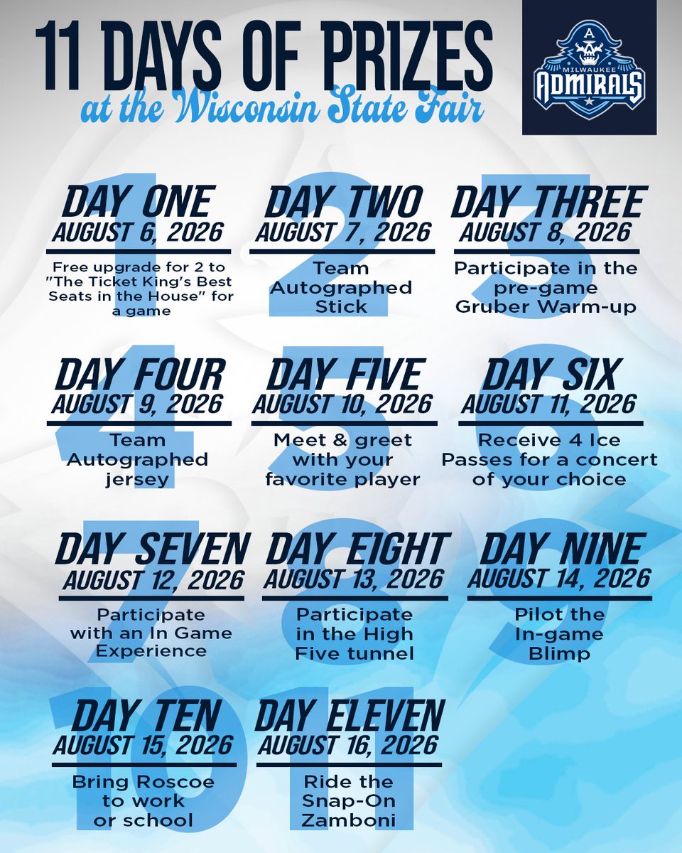 mkeadmirals's tweet photo. 11 Days of Prizes is BACK for Season Seat Members at this year's @wistatefair!

Admirals SSM have 11 chances to win some exclusive experiences, just for being a member!

Start investing in memories and learn more about becoming an Admirals Season Seat Member 👉 https://t.co/IfQSdF5VDc