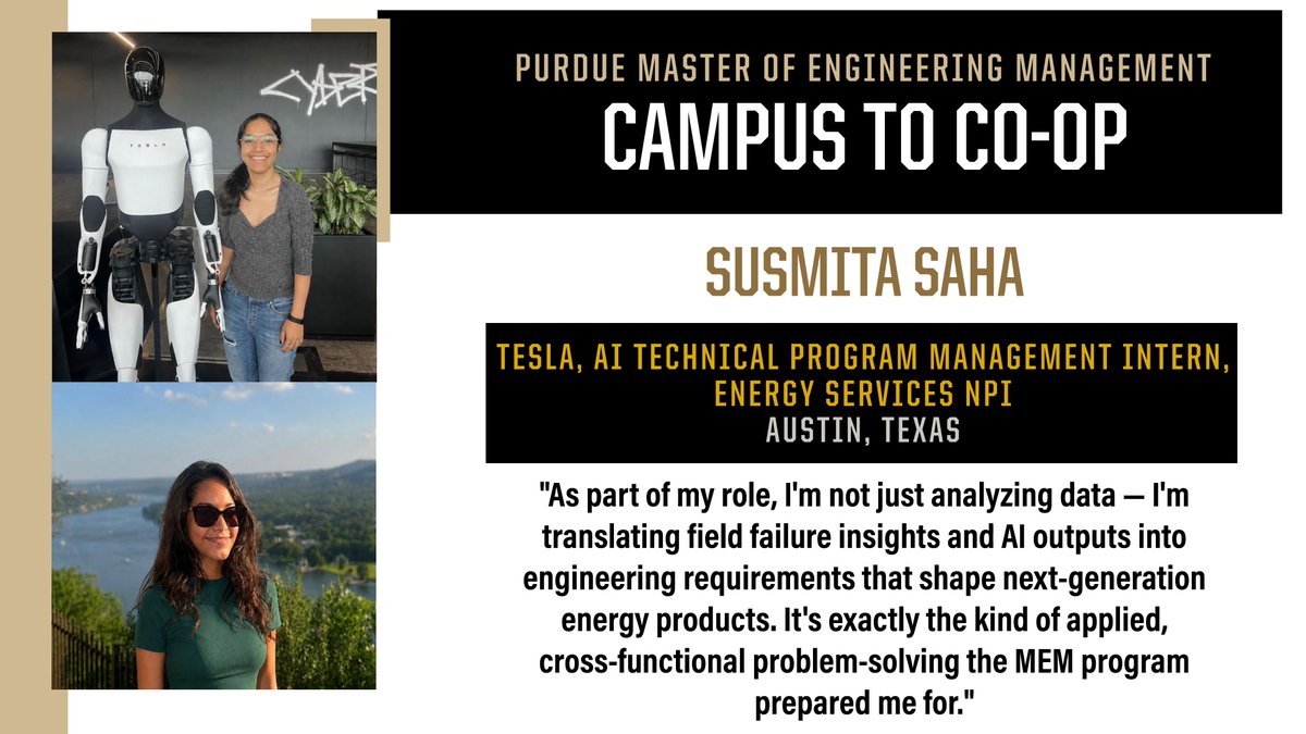 MEM_Purdue's tweet photo. Purdue MEM student Susmita Saha is building valuable industry experience as an AI Technical Program Management Intern with Tesla in Austin, Texas! https://t.co/HEXLUkh1ft