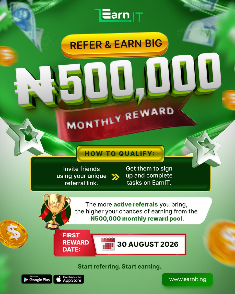 Earnit_ng's tweet photo. ₦500,000 UP FOR GRABS EVERY MONTH! 💰

EarnIT rewards top referrers monthly:
🏆 ₦500,000 reward pool
💸 ₦50 per active referral

Get full details:
🔵 Telegram: https://t.co/tkE8k2Zbvk
🟢 WhatsApp: https://t.co/20fCp9Gzab
Bring active users. Climb the leaderboard. Earn more. https://t.co/q9h0iYB2PZ