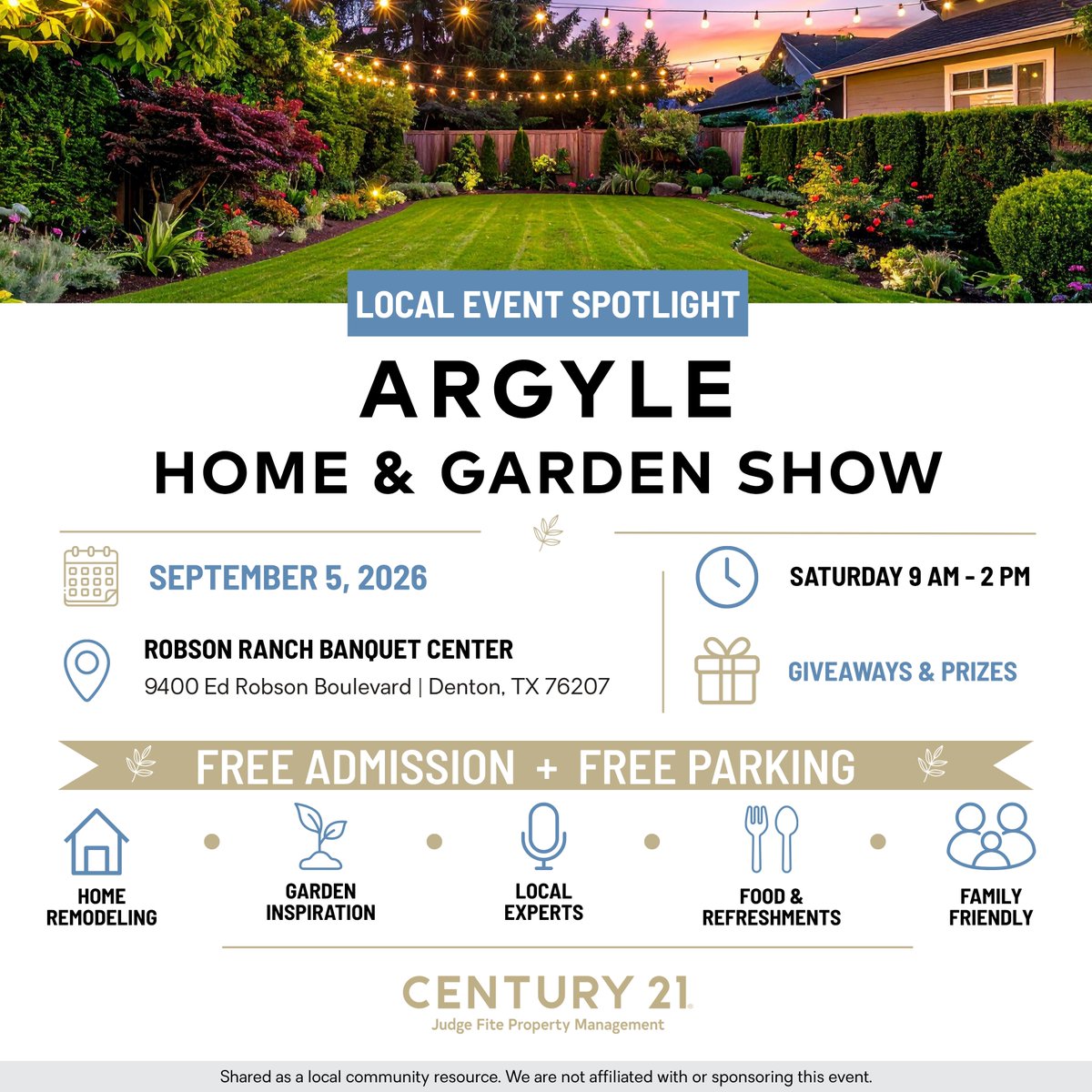 C21JFPM's tweet photo. LOCAL COMMUNITY EVENT 🏡

Planning a home or garden project? The Argyle Home &amp; Garden Show is September 5th at the Robson Ranch Banquet Center.

Free admission | Free parking

We are sharing this for community awareness and are not affiliated with the event or its organizers. https://t.co/zpihDHPBIy