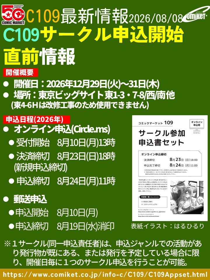 comiketofficial's tweet photo. 【サークル申込開始】
週明け、8/10よりC109(12/29～31開催)のサークル申込が開始。7年ぶりの2日間ではない開催となりますので、皆さんの参加をお待ちしております。
○オンライン
・決済締切 8/23 18時(新規申込締切)
・申込締切 8/24 11時
○郵送
・申込締切 8/19 消印
https://t.co/vaxEvlI2z8