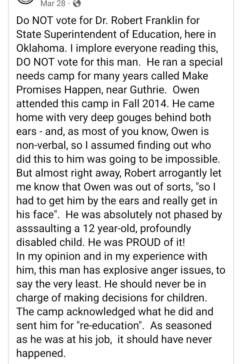 libsoftiktok's tweet photo. Oklahoma State Superintendent candidate Robert Franklin ass*uIted a special needs boy then boasted about it to the boy’s mother

I have no words…

He needs to drop out of the race

You can contact him here: robert.franklin.info@gmail.com https://t.co/djoJI8MWfV
