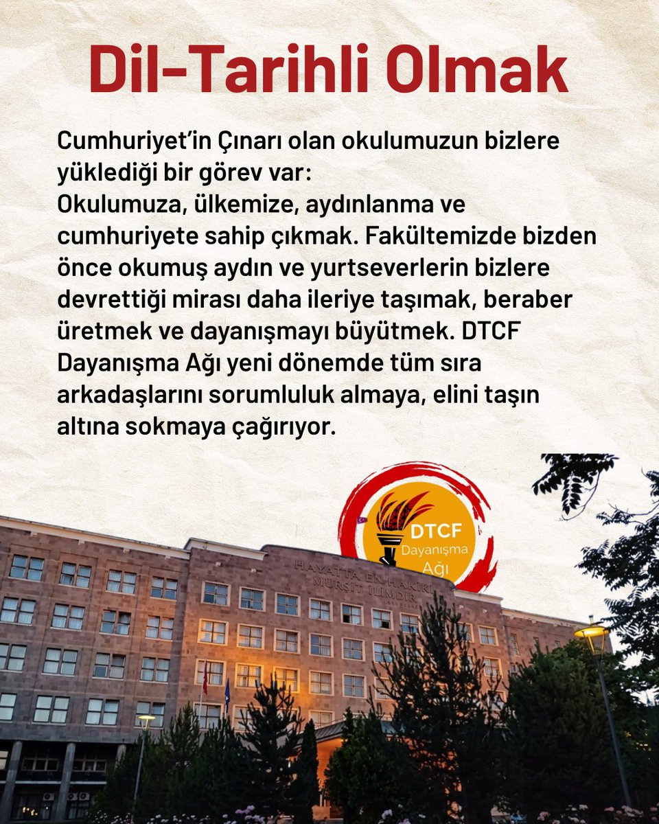 dtcfdayanismaa's tweet photo. Dil ve Tarih-Coğrafya Fakültesi’ni beraber tanıyalım! 

Dil Tarihli olmak ne demek? 
Dil Tarih’in ilerici ve aydınlık mirasını kimlerden devraldık? 

Fakültemize dair sormak istedikleriniz için bizimle iletişime geçebilirsiniz. 

#dtcf #AnkaraÜniversitesi #yks #tercih https://t.co/V5JEXidcru