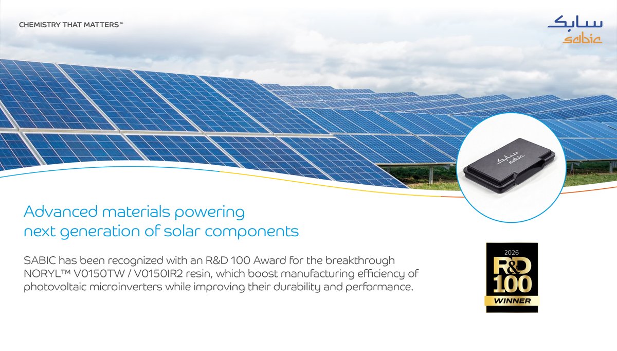 SABIC's tweet photo. We are proud to share that SABIC has been honored with an R&D 100 Award for our breakthrough NORYL™ V0150TW / V0150IR2 resin, the first laser‑weldable material engineered for the solar energy market. 

This innovation also won an Edison Award this year, reinforcing our commitment to advancing material technologies that help accelerate global solar adoption and support our vision of becoming the preferred world leader in chemicals. 

Learn more: https://t.co/Uh72uSHpdm